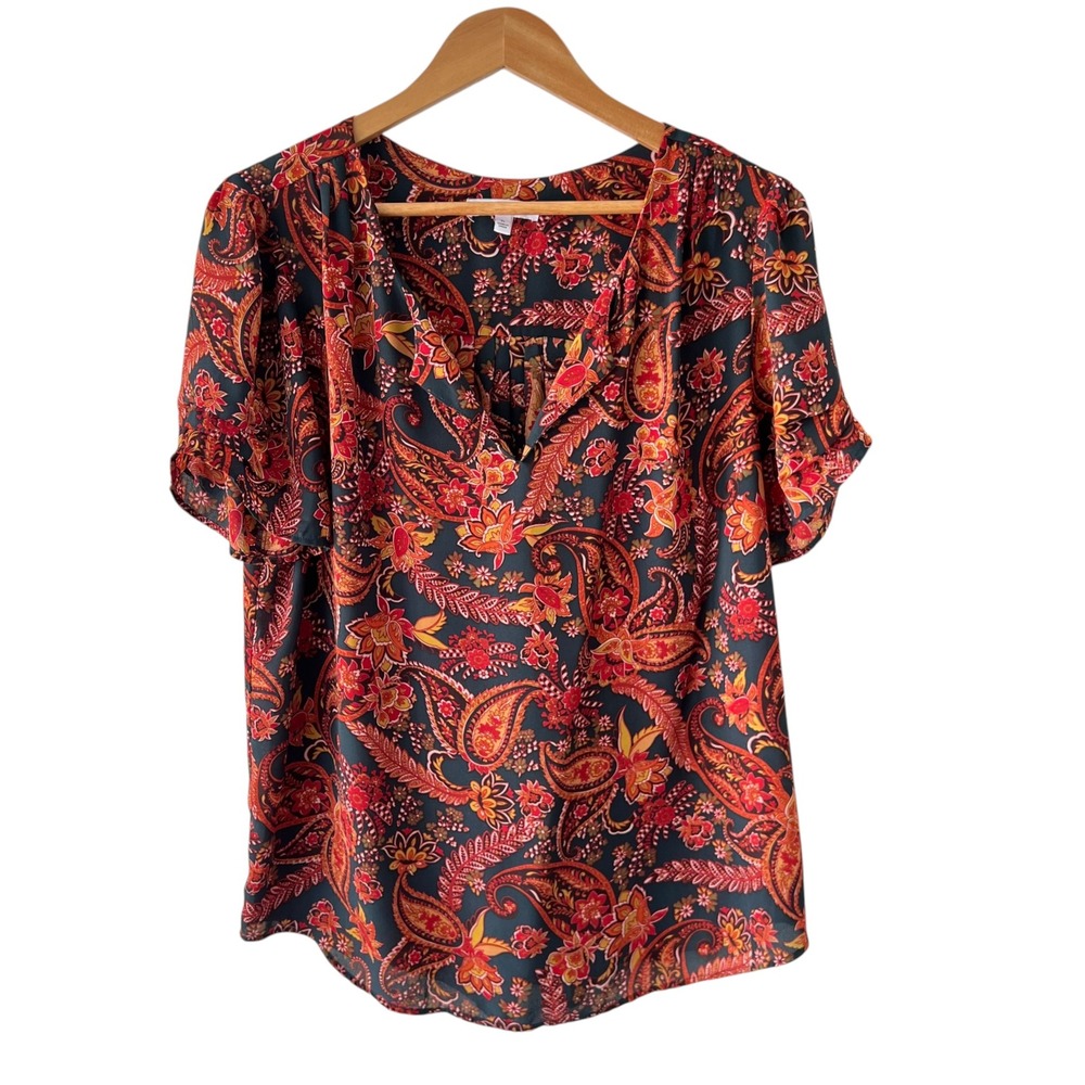 DR2 Womens XL Paisley Flutter Sleeve Blouse Red Orange Boho Short Sleeve Top